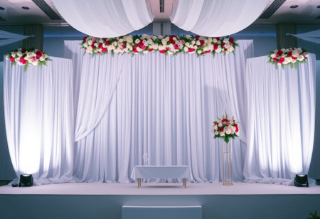 A white stage draped with white curtains decorated with a floral arrangement of pink and red flowers.の素材