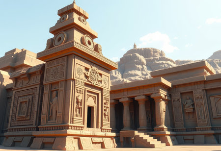 A detailed illustration depicting an ancient stone temple with intricate carvings, pillars, and an entrance, set against a mountainous background.の素材