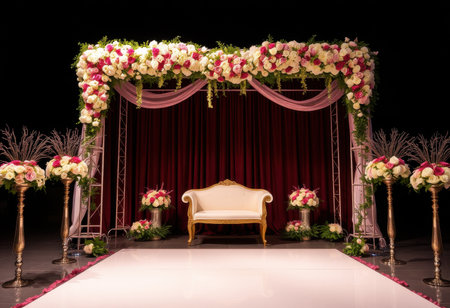 A wedding stage decorated with a white chair, flower arrangements, a red curtain backdrop, and gold accents.の素材