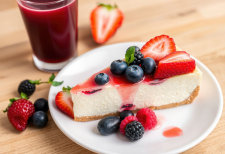A slice of cheesecake topped with strawberries, blueberries, and raspberries, served on a white plate with a glass of juice.の素材