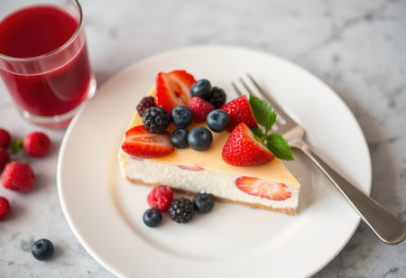 A slice of cheesecake topped with fresh strawberries, blueberries, blackberries, and mint on a white plate.の素材