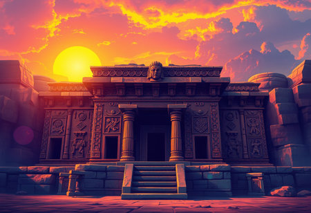 A weathered stone temple with a carved entrance stands at the base of a rocky cliff under a vibrant sunset sky.の素材