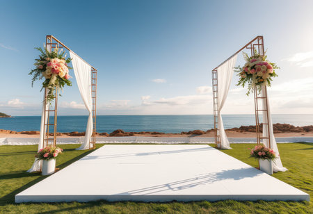 A wedding ceremony setup with floral arches and white drapes, on a white platform, overlooking a sandy beach and blue ocean.の素材