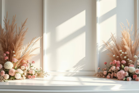 A minimalist white background with pampas grass and pink flowers on either side, illuminated by sunlight.の素材