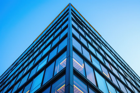 A low-angle shot of a modern building with a glass facade, showcasing the geometric patterns of the windows against a bright blue sky.の素材