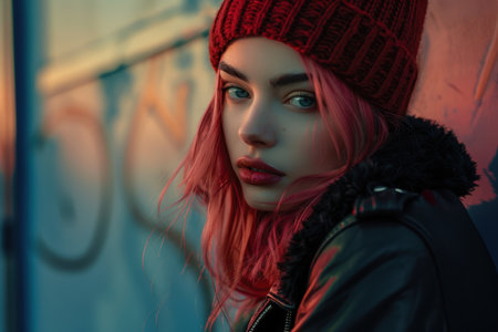 A young woman with pink hair, wearing a red knit hat and black leather jacket, looks directly at the camera with a confident expression.の素材