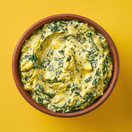 A bowl of creamy spinach and artichoke dip, ready to serve.の素材