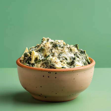 A bowl of creamy spinach dip on a green background.の素材