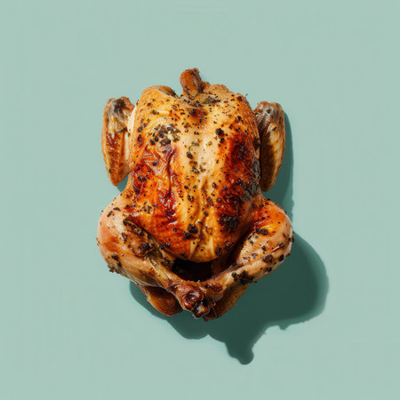 A roasted whole chicken lies on a pale blue background, its crispy skin glistening in the light.の素材