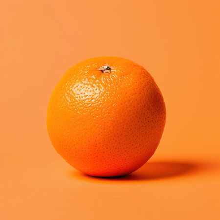 A close-up image of a single, ripe orange against a vibrant orange background.の素材