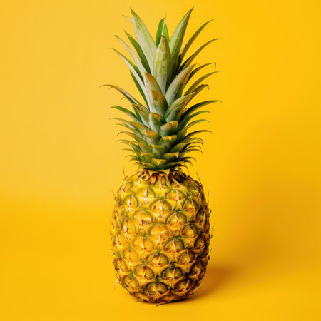 A close-up photograph of a whole ripe pineapple, featuring its detailed texture and bright yellow color against a solid yellow backdrop.の素材