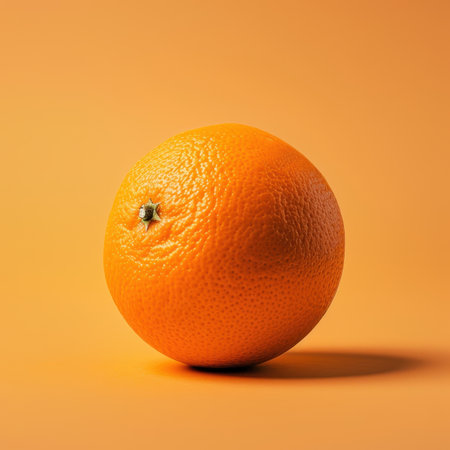 A close-up shot of a whole orange fruit on a solid orange background.の素材