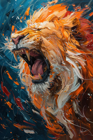 A close-up, abstract oil painting of a lion roaring with its mouth open and teeth bared, set against a blue and orange background.の素材