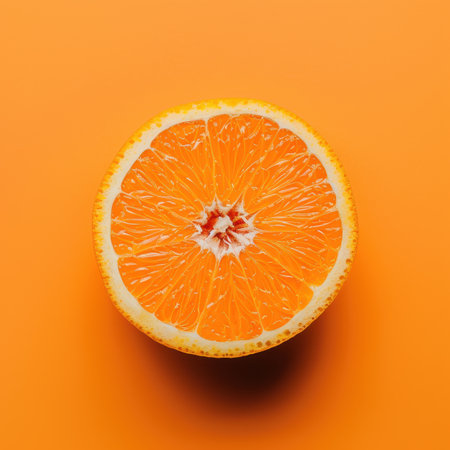 A close-up of a single orange slice with a vibrant orange background.の素材