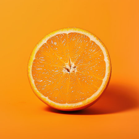 A close-up of a sliced orange against a bright orange background.の素材