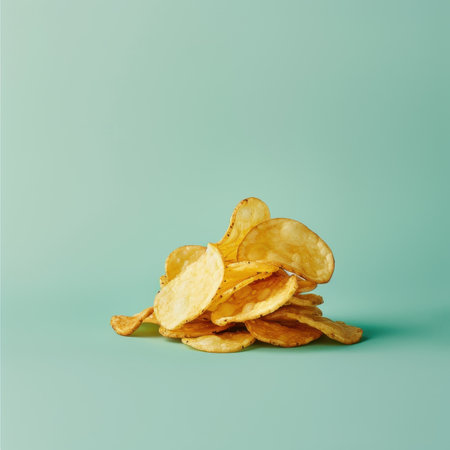 A close-up of a pile of golden potato chips against a light green background.の素材