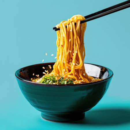 A close-up of chopsticks lifting a portion of ramen noodles from a bowl of ramen.の素材