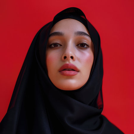 A closeup portrait of a woman wearing a black hijab against a red background.の素材