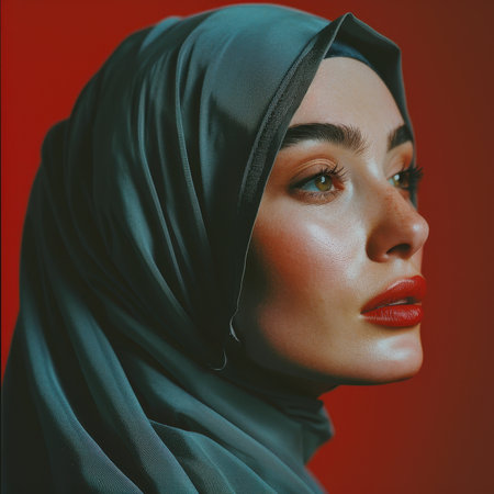 A woman with a teal headscarf looks away from the camera with a confident expression.の素材