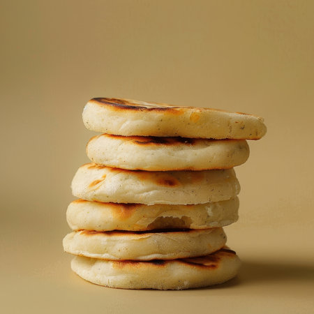 A close-up of six toasted flatbreads stacked on a beige surface.の素材