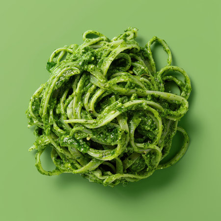A close-up image of a heap of green pasta coated in pesto sauce, set against a green background.の素材