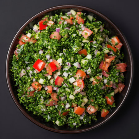 A close-up view of a bowl of Tabbouleh salad, a popular Middle Eastern dish, with chopped tomatoes, cucumber, and red onion.の素材