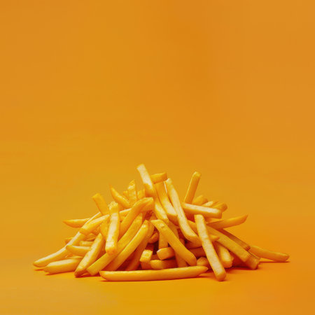 A pile of golden french fries on an orange background.の素材