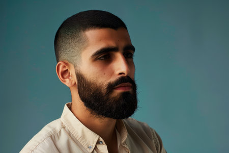 A closeup portrait of a man with a beard, looking to the side, against a teal background.の素材