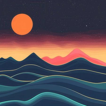 A digital illustration of an abstract nighttime landscape featuring a large orange sun and wavy, layered blue mountains against a dark blue starry sky.の素材