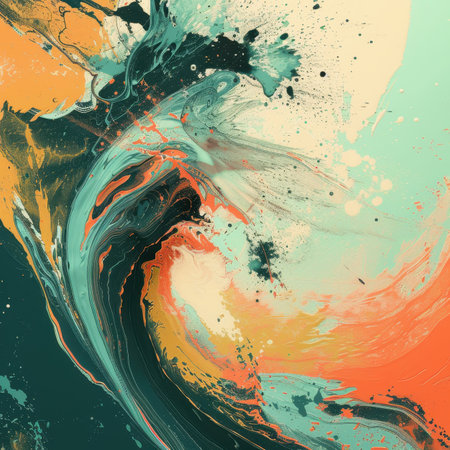 An abstract painting featuring vibrant swirls and splashes of orange, yellow, green, blue, and black paint, creating a dynamic and textured composition.の素材