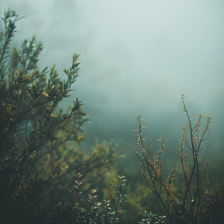 A closeup of green and brown foliage in a misty forest, highlighting the delicate branches and leaves.の素材