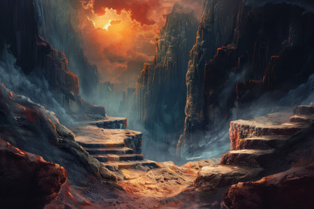 A scenic view of a dramatic canyon with a stairway leading upwards, illuminated by a vibrant sunset.の素材