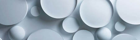 A minimalist abstract image featuring overlapping white circles on a light gray background, creating a simple yet visually intriguing pattern.の素材