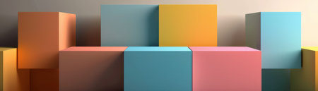 A minimalist abstract composition of colorful cubes with textured surfaces, arranged in a geometric pattern.の素材