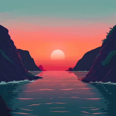 A serene seascape with a setting sun reflected in the calm water between two rocky cliffs.の素材