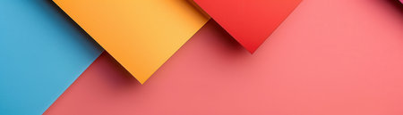 A close-up of a minimalist abstract design featuring three color blocks in blue, yellow, and red, forming a geometric pattern.の素材