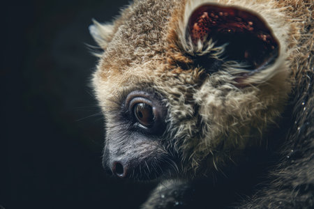 A close-up photograph capturing the intricate details of a lemur&#39;s face, with a focus on its eye and whiskers.  The dark background emphasizes the subject&#39;s features.の素材