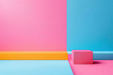 A geometric abstract image featuring a pink cube against a backdrop of pink, yellow, blue, and orange surfaces.の素材