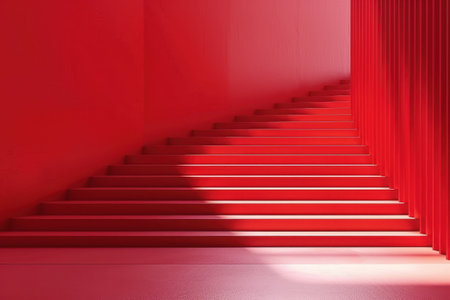 A minimalist image of a red staircase leading up to a wall with red vertical slats.の素材