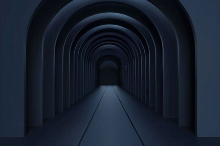 A long, dark tunnel with multiple archways on both sides, creating a sense of depth and mystery.の素材