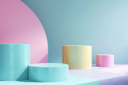 A minimalistic product display featuring three pastel-colored cylinders on a platform, set against a curved pink and blue background.の素材