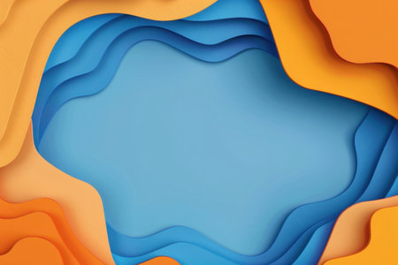 A digitally created abstract background image featuring overlapping wavy paper shapes in blue and orange hues.の素材
