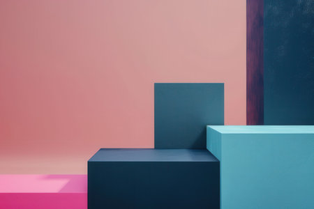 A minimalist product display featuring a blue and pink color palette with geometric shapes and shadows.の素材