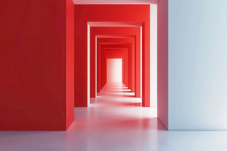 A minimalist corridor with red walls and a white wall at the end, leading to a bright light source.の素材