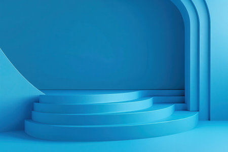 A 3D rendering of a modern, abstract platform with rounded edges and a curved wall. The platform is blue and is designed as a simple background for product displays.の素材