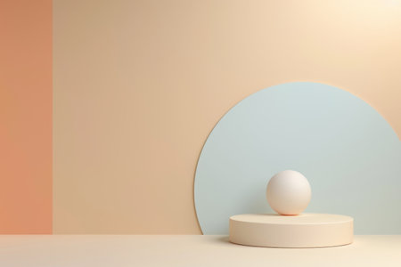 A minimalist scene featuring a white sphere perched on a cream-colored cylindrical platform against a pastel backdrop.の素材