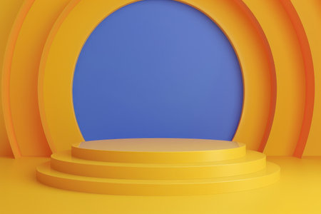 A three-tiered yellow platform sits in front of a blue circular background, creating a minimal and modern display space.の素材