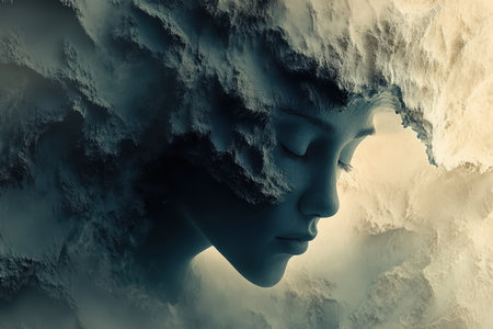 An abstract portrait of a woman's face partially obscured by ethereal, cloud-like textures.の素材