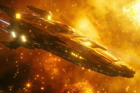 A sleek, futuristic spaceship with glowing lights is shown flying through a vibrant, golden nebula filled with countless stars.の素材