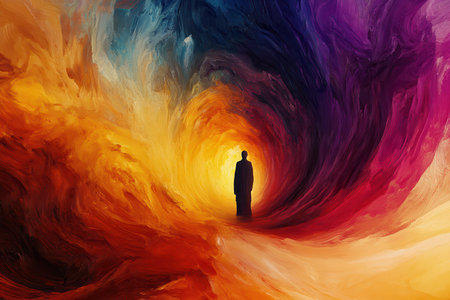 A stylized abstract painting depicting a lone figure standing in a swirling, brightly colored vortex that suggests a journey or transition.の素材